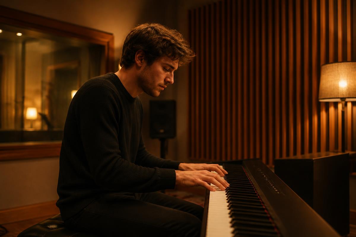 Pianista tocando em sala com painéis acústicos