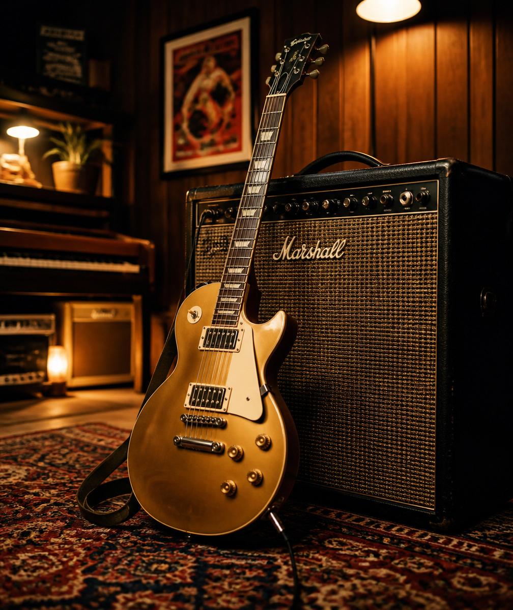 Guitarra apoiada em amplificador vintage