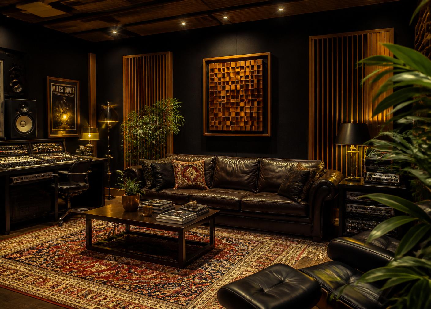 Lounge de descompressão do The Room, com sofá de couro, iluminação âmbar e detalhes em madeira